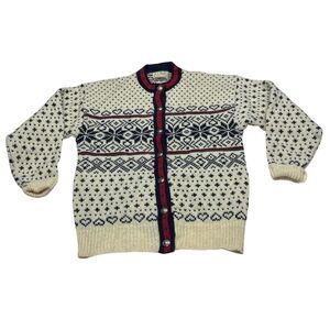 Vintage LL Bean Wool Cardigan Sweater Nordic Hearts Snowflakes